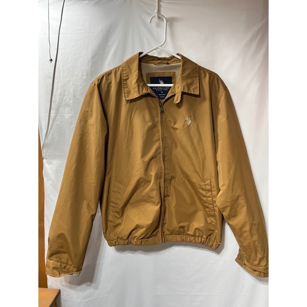 US Polo Assn Mens Harrington Jacket Tan‎ Khaki Fleece Lined Windbreaker Medium